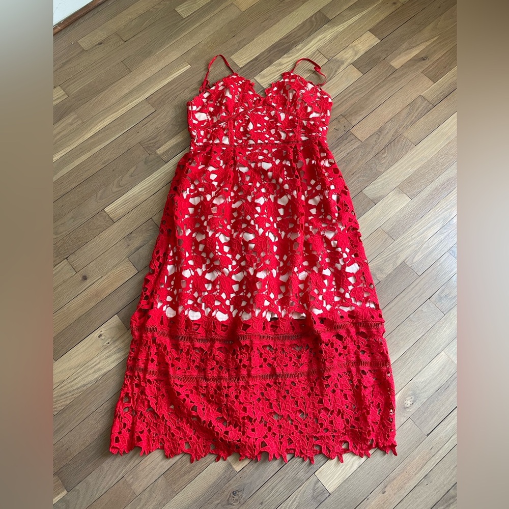 Red lace lined midi dress